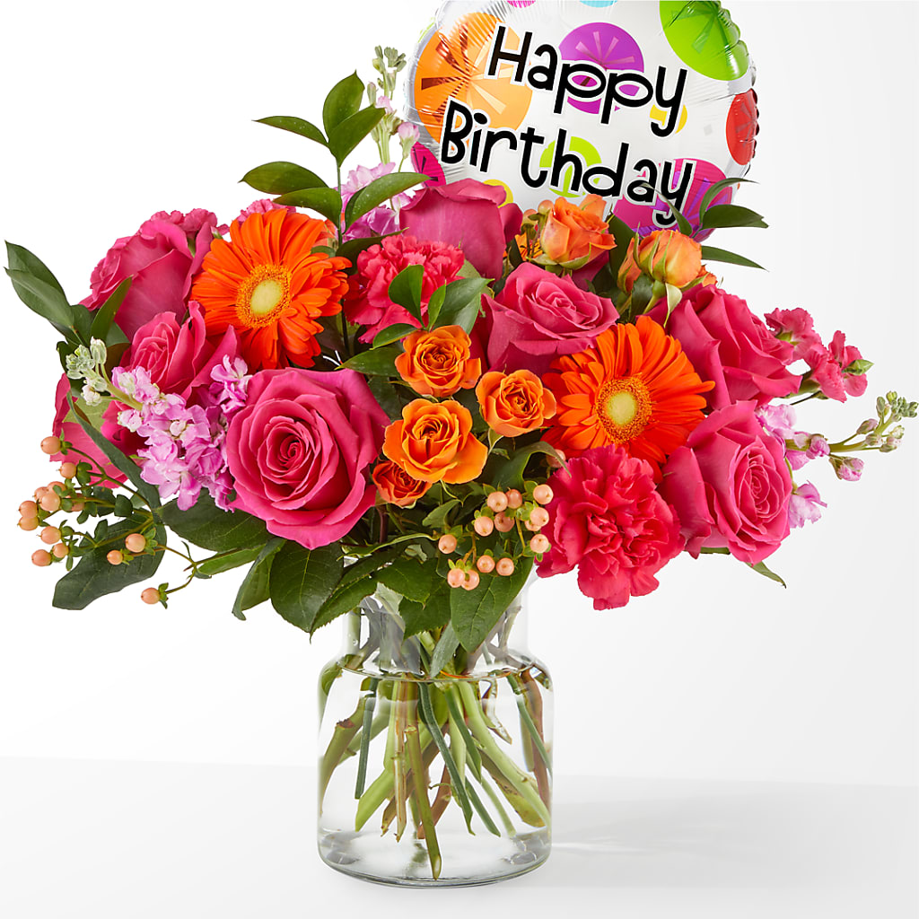 Fiesta Bouquet with Birthday Balloon – THE CARRIAGE HOUSE FLORAL & GIFTS, Marlette MI