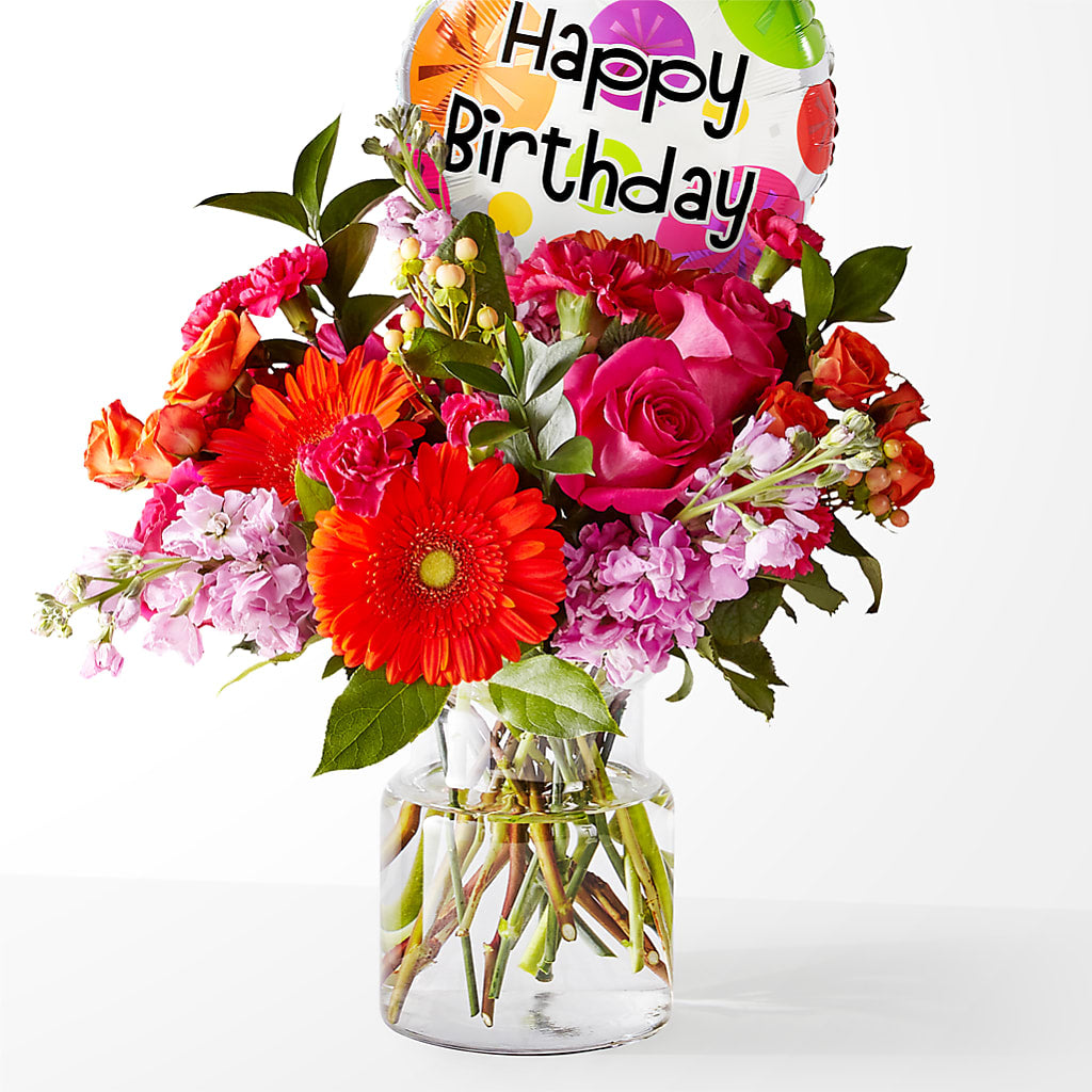 Fiesta Bouquet with Birthday Balloon – THE CARRIAGE HOUSE FLORAL & GIFTS, Marlette MI