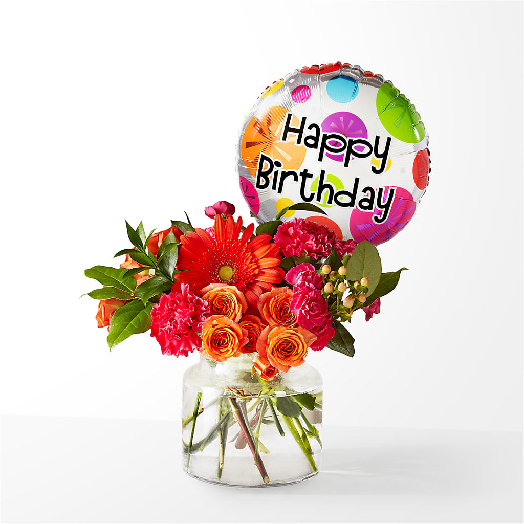 Fiesta Bouquet with Birthday Balloon – THE CARRIAGE HOUSE FLORAL & GIFTS, Marlette MI