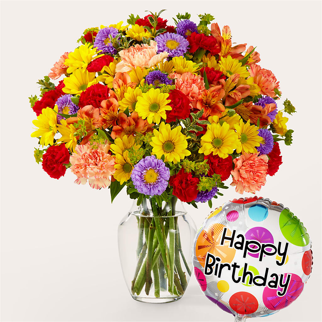 Kaleidoscope Bouquet with Birthday Balloon – THE CARRIAGE HOUSE FLORAL & GIFTS, Marlette MI