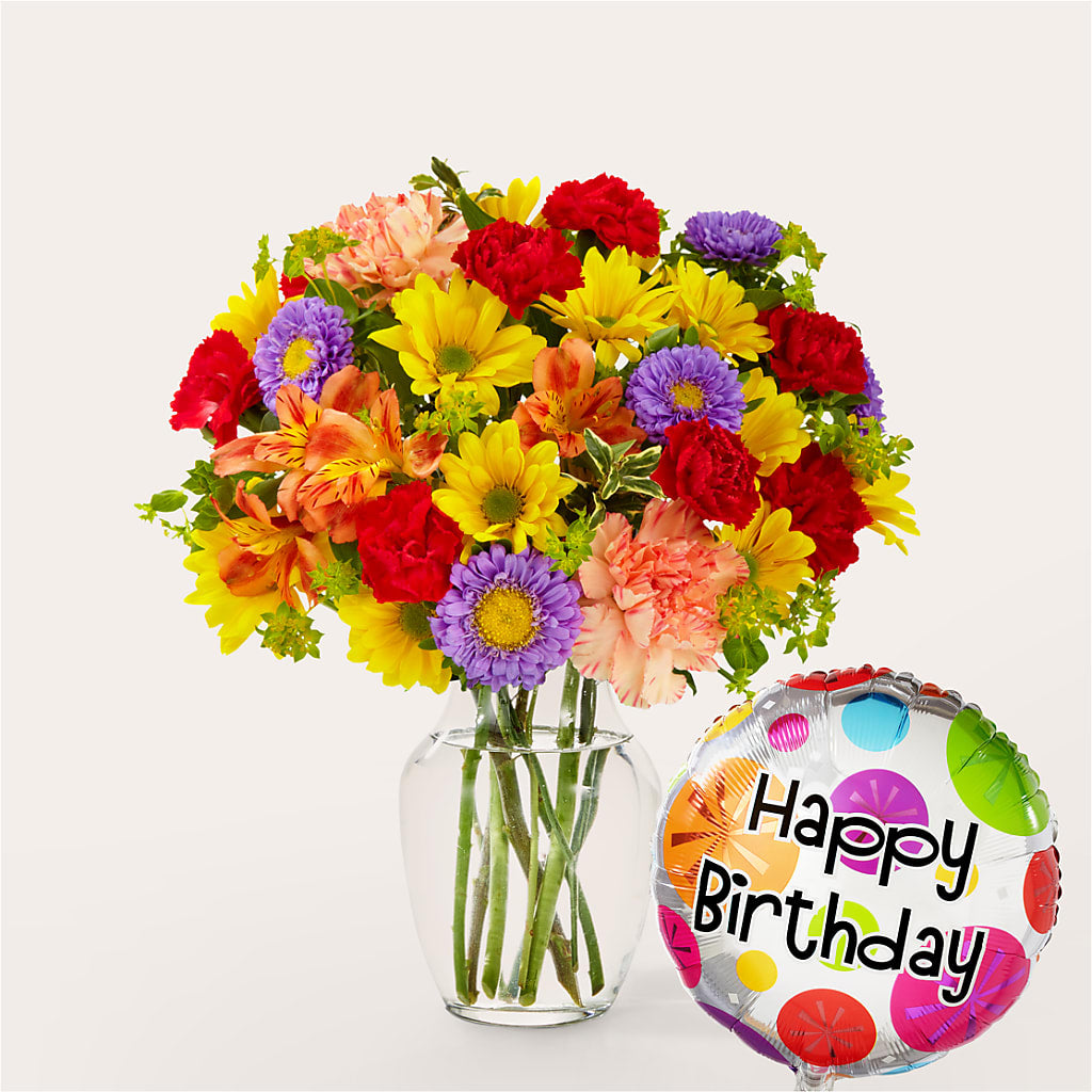 Kaleidoscope Bouquet with Birthday Balloon – THE CARRIAGE HOUSE FLORAL & GIFTS, Marlette MI