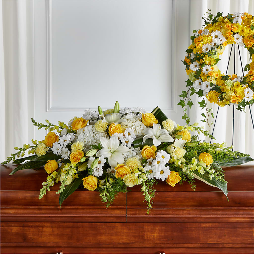 Golden Harmony Casket Spray – THE CARRIAGE HOUSE FLORAL & GIFTS, Marlette MI