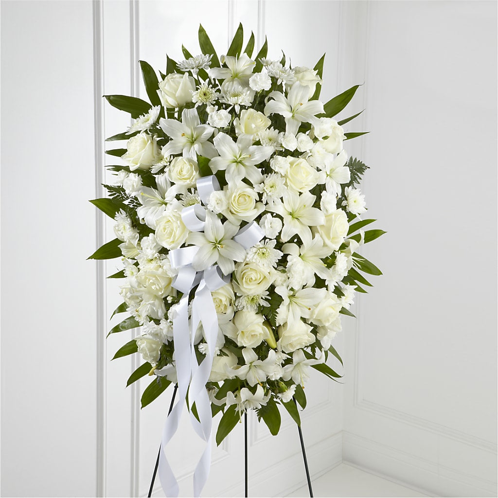 Exquisite Tribute Standing Spray-White Ribbon – THE CARRIAGE HOUSE FLORAL & GIFTS, Marlette MI