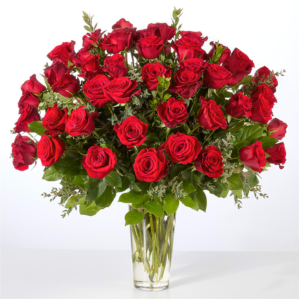 Forever Yours Fifty Stem Red Rose Bouquet – THE CARRIAGE HOUSE FLORAL & GIFTS, Marlette MI